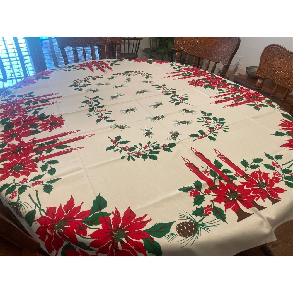 Vtg MCM Holiday Tablecloth Red Green Poinsettias & Candles Holly Pine 64x54”